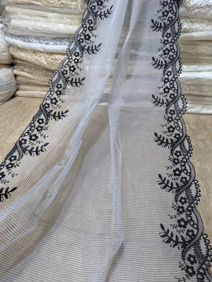 Dyeable White Organza with Black Self Lining Scallop Dupatta with Black Embroidery