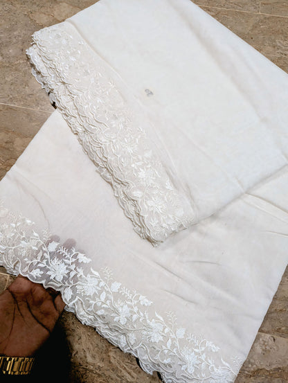 White Voile Lawn Scallop Dupatta with White Viscose Embroidery – Dyeable