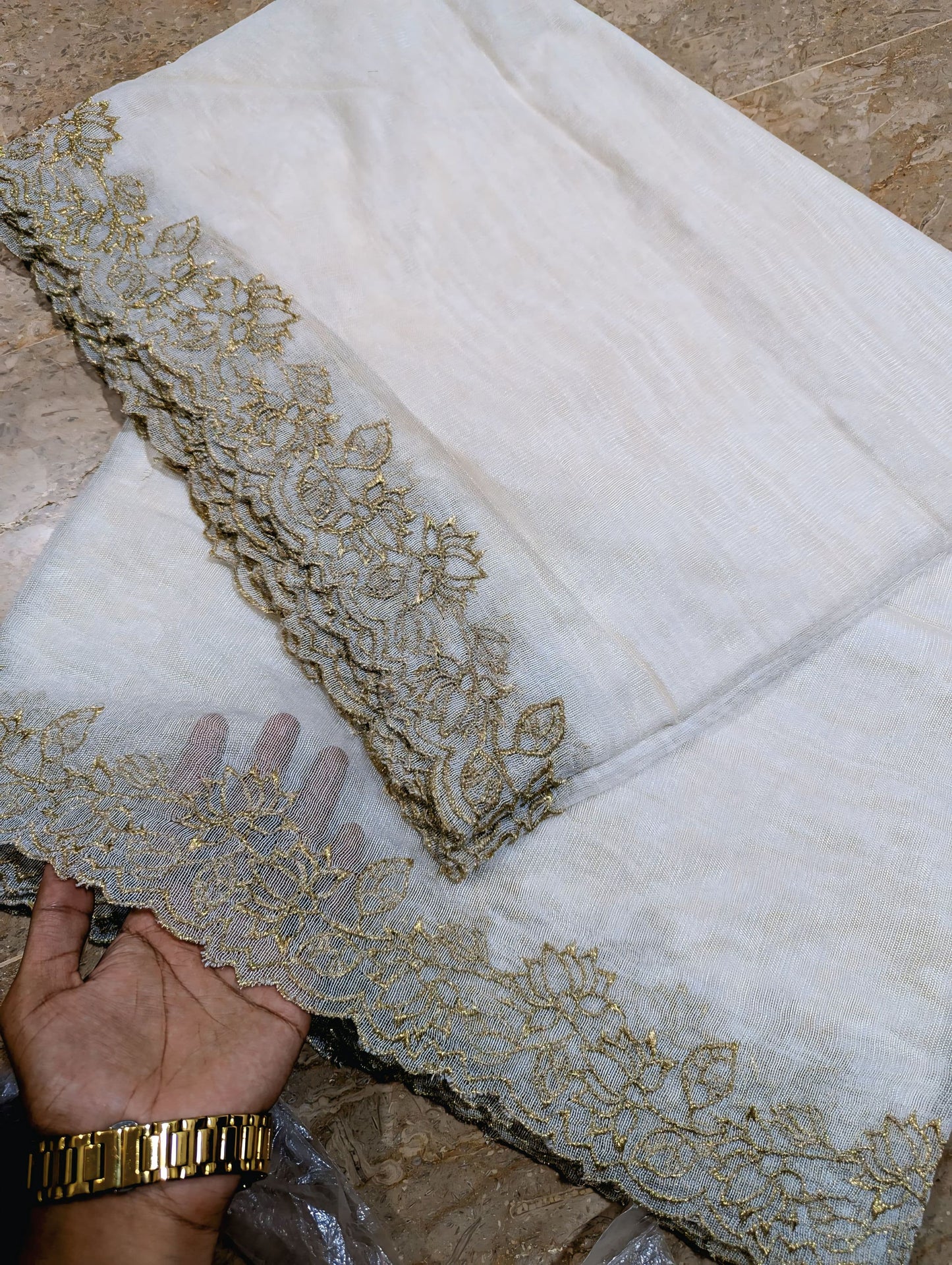 White Embroidered Cutwork Dupatta on Khadi Net with Golden – Dyable