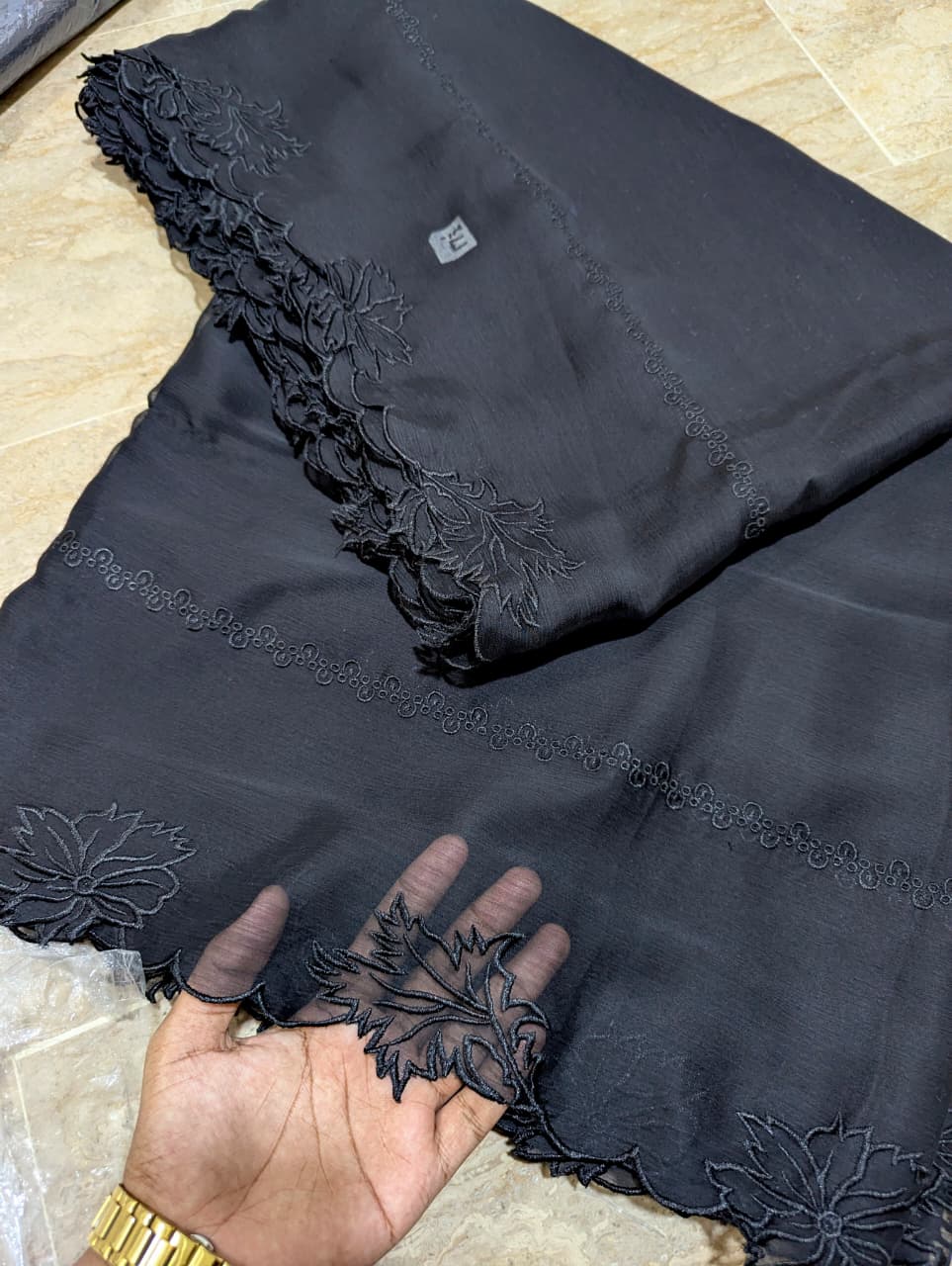 Black Chiffon Cutwork Dupatta with Black Embroidery - Premium Quality