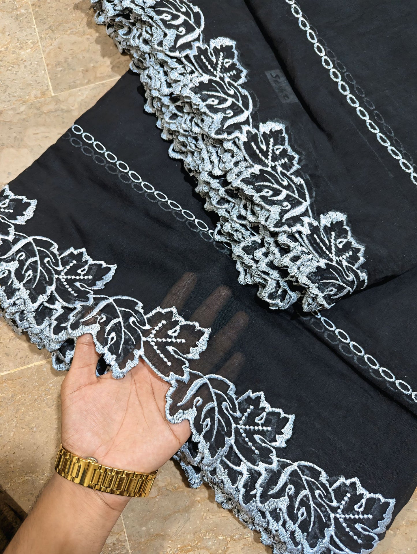 Black Voile Lawn Scallop Dupatta with White Embroidery