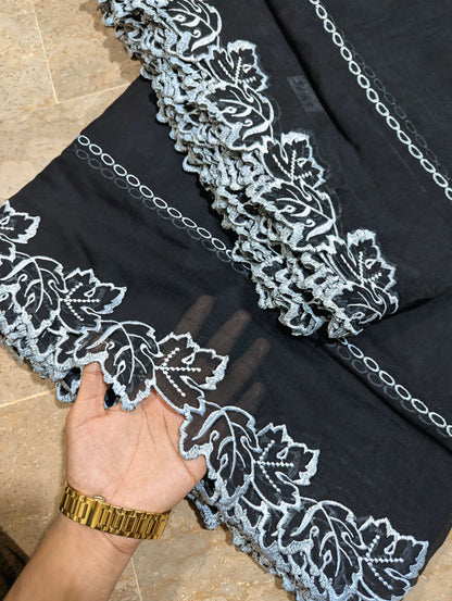 Black Voile Lawn Scallop Dupatta with White Embroidery
