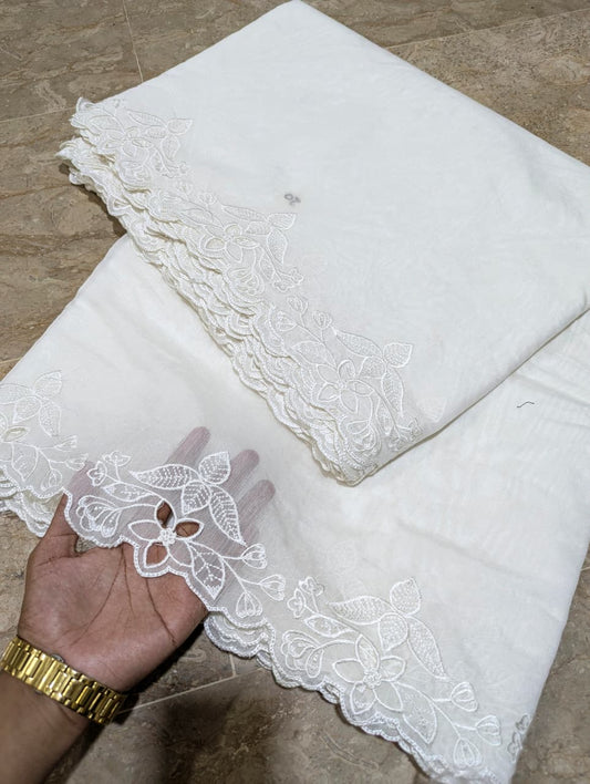 New White Voile Lawn Cutwork Dupatta with White Viscose Embroidery – Dyeable | Badar and Sons