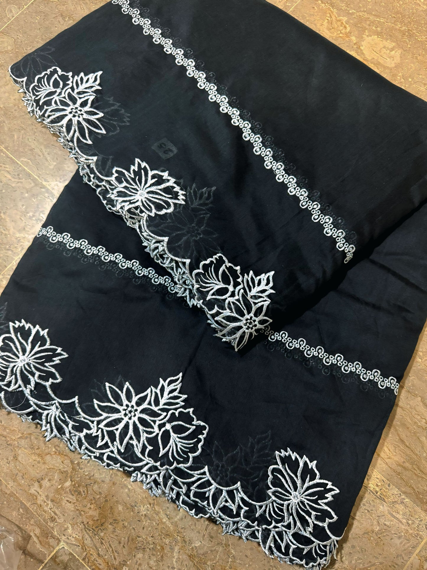 Black Voile Lawn Scallop Dupatta with White Embroidery