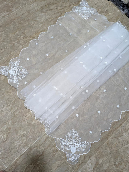 New White Organza 4-Sided Scallop Dupatta with Dyeable White Viscose Embroidery