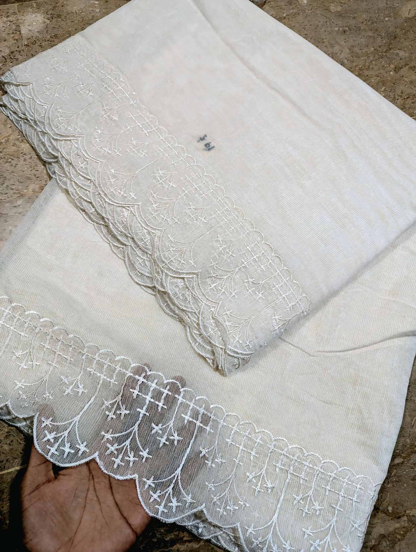 White Khadi Net Scallop Dupatta – Dyable, Viscose Embroidery