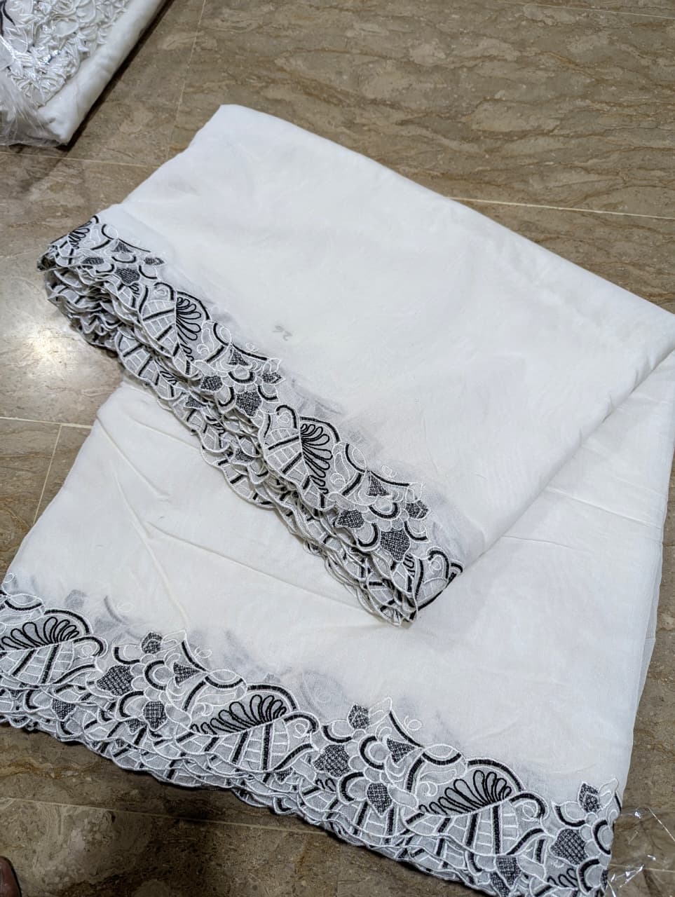 White Voile Lawn Scallop Dupatta with White & Black Two-Tone Embroidery – Dyeable