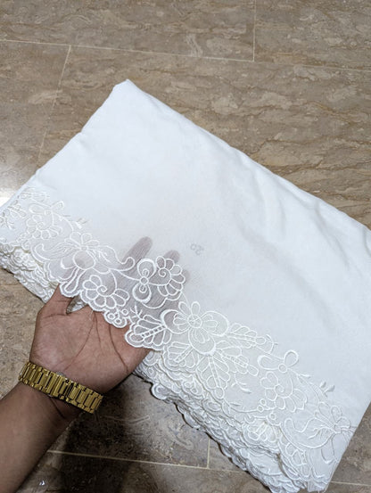 White Voile Lawn Scallop Dupatta with White Viscose Embroidery – Dyeable