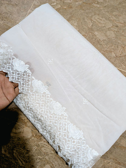 White Voile Lawn Scallop Dupatta with White Viscose Embroidery – Dyeable