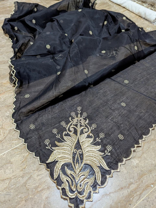Black Voile Lawn 4-Sided Scallop Dupatta with Golden Zari Embroidery