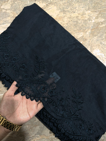 Black Voile Lawn Scallop Embroidered Dupatta with Black Embroidery