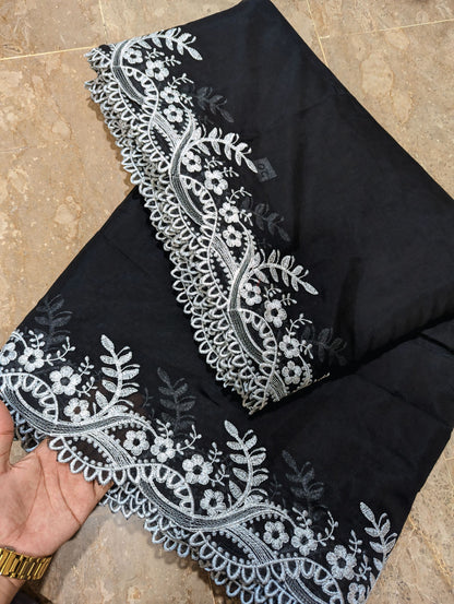 Scallop Embroidered Black Voile Lawn Dupatta – Premium Quality