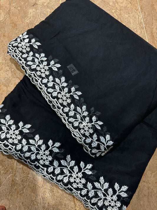 Black Voile Lawn Scallop Dupatta with White Embroidery