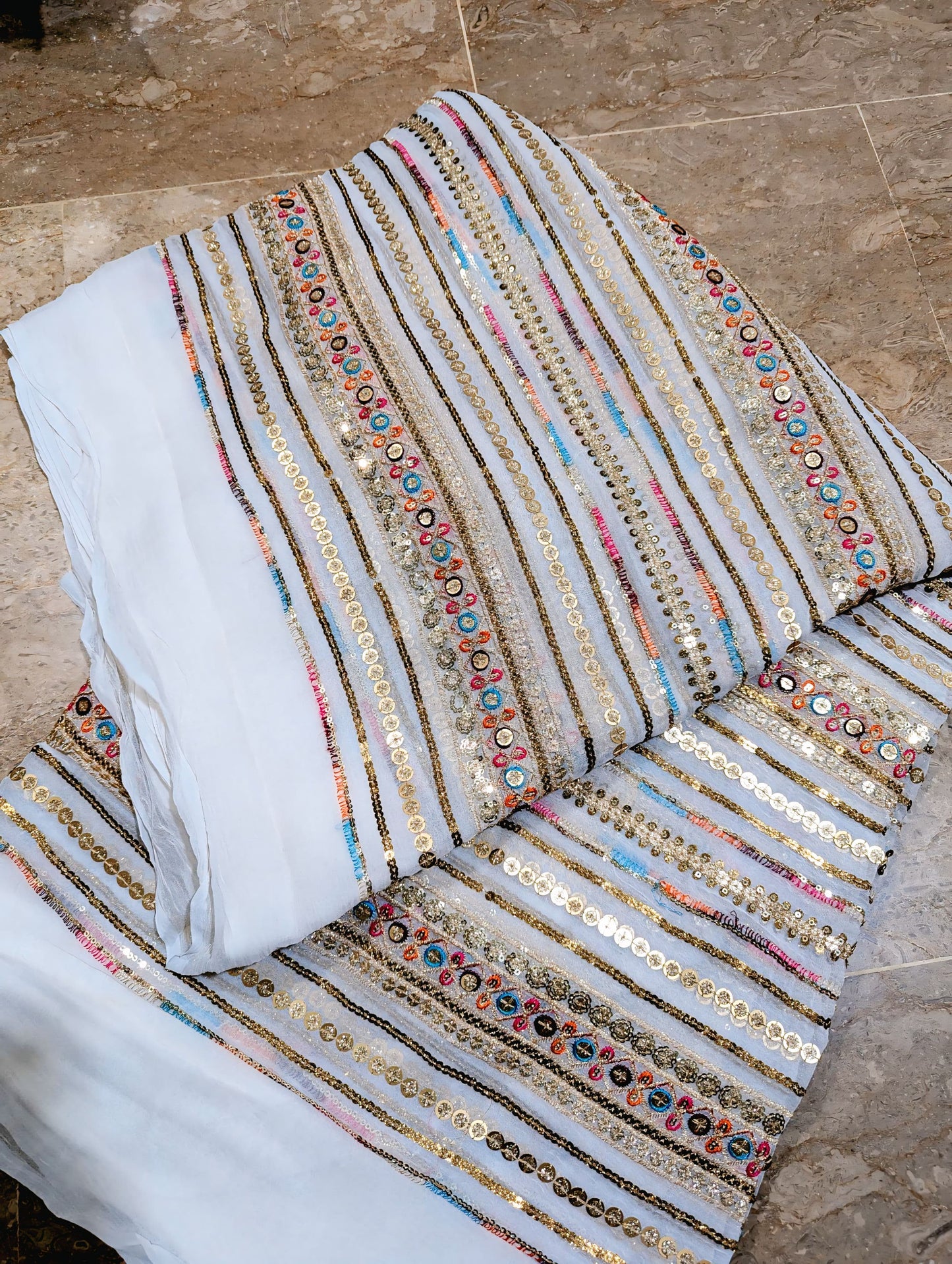 White Dyable Crinkle Chiffon – Multi-Colour Embroidery with 4 Sequins (Per Yard, Unstitched)