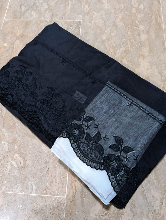 Black Voile Lawn Scallop Embroidered Dupatta