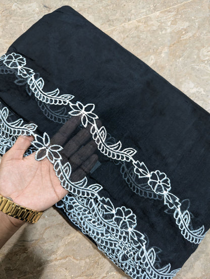 Black Voile Lawn Scallop Dupatta with White Embroidery