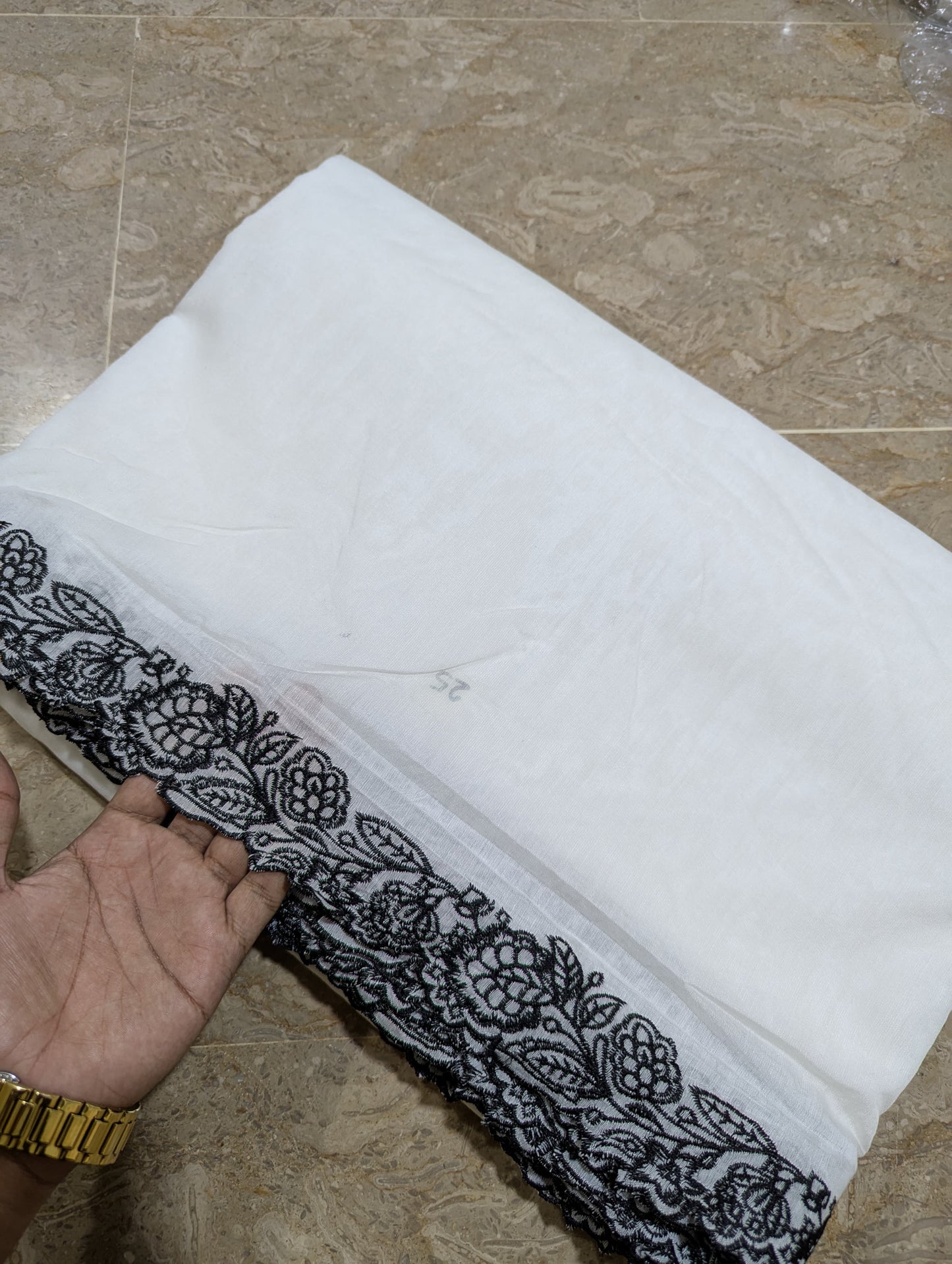 Dyeable White Voile Lawn Scallop Dupatta with Black Embroidery