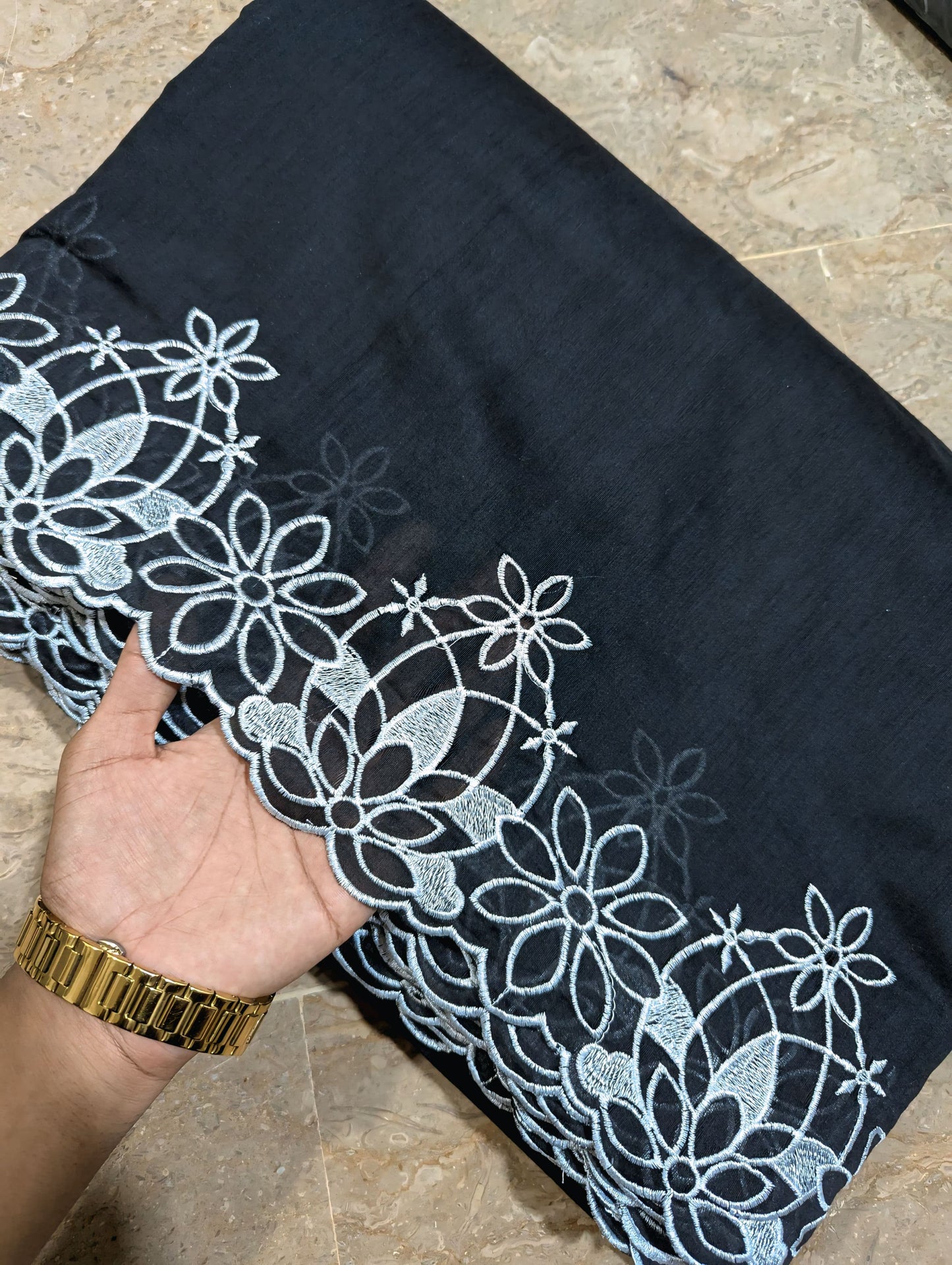 Black Voile Lawn Scallop Dupatta with White Embroidery