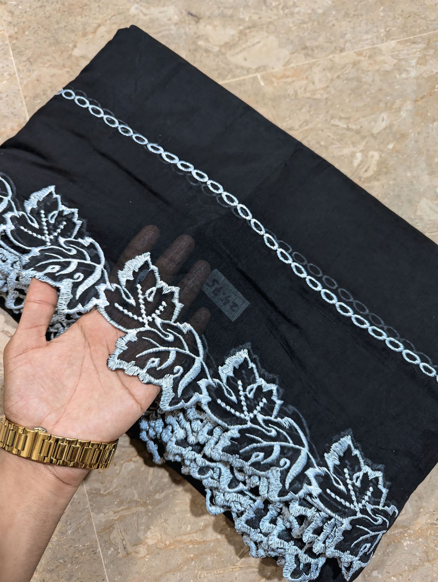 Black Voile Lawn Scallop Dupatta with White Embroidery