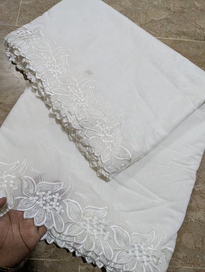 White Voile Lawn Scallop Dupatta with White Viscose Embroidery – Dyeable