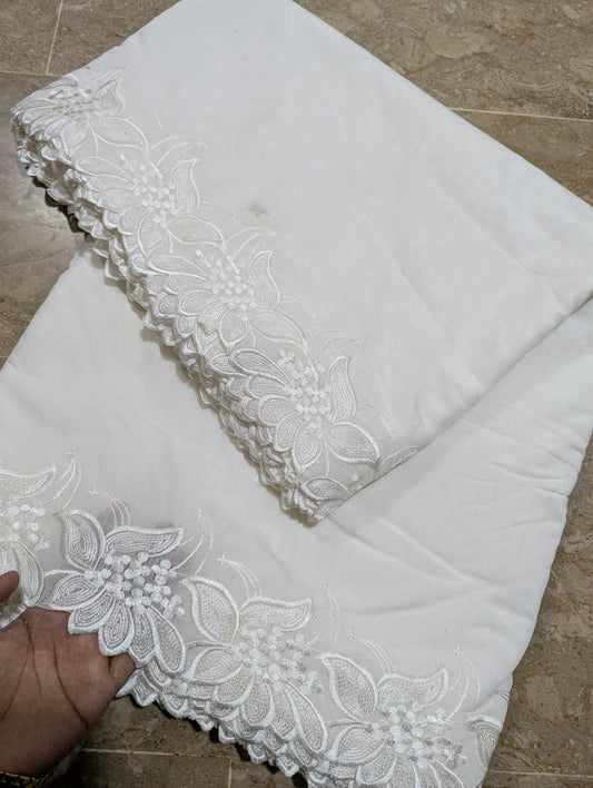 White Voile Lawn Scallop Dupatta with White Viscose Embroidery – Dyeable