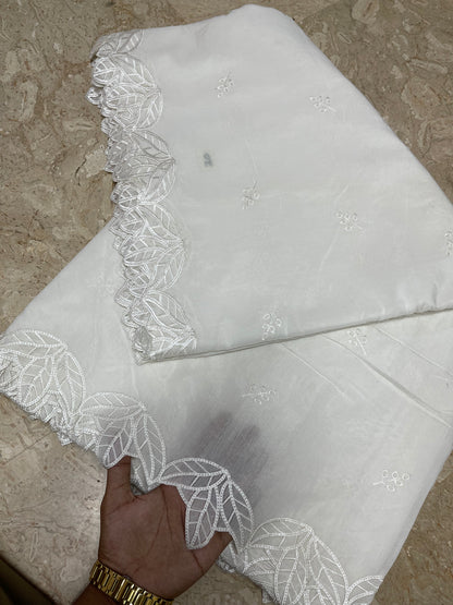 Dyeable White Voile Lawn Scallop Dupatta with White Viscose Embroidery