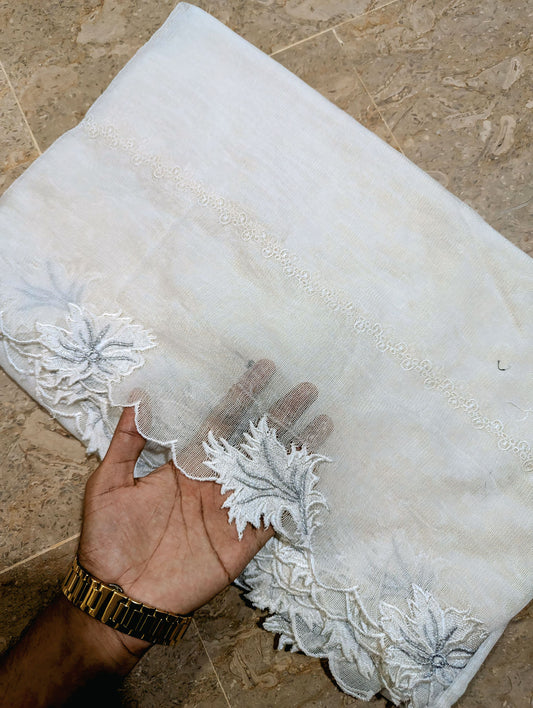 White Khadi Net Scallop Dupatta with White & Silver Two-Tone Embroidery – Dyeable