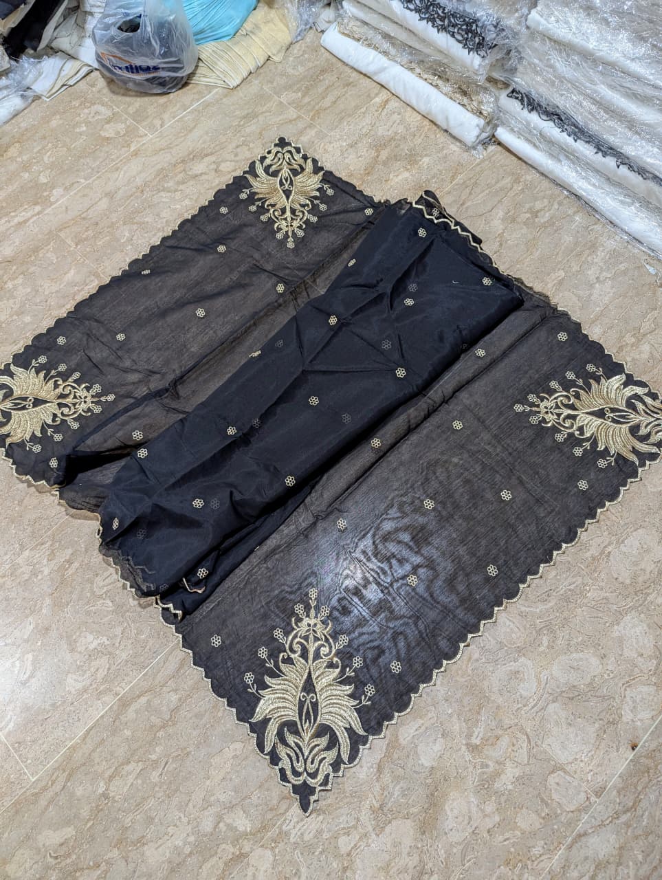 Black Voile Lawn 4-Sided Scallop Dupatta with Golden Zari Embroidery