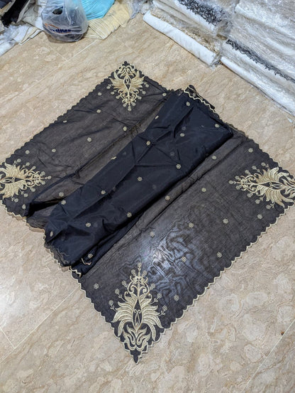 Black Voile Lawn 4-Sided Scallop Dupatta with Golden Zari Embroidery