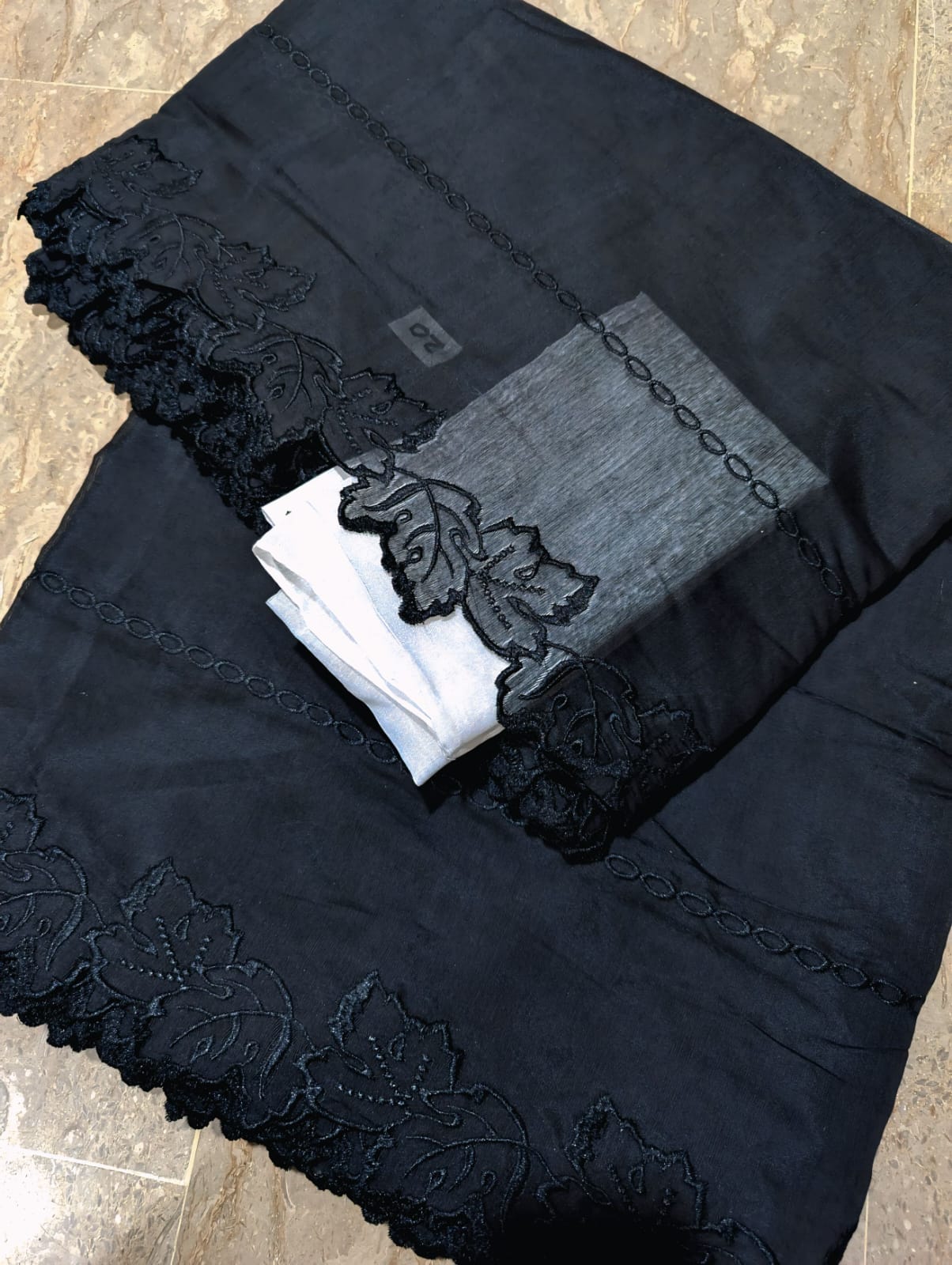 Black Voile Lawn Scallop Embroidered Dupatta