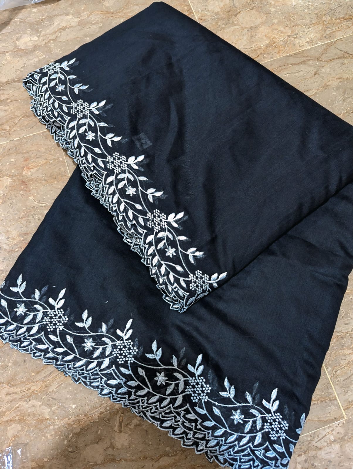 Black Voile Lawn Scallop Dupatta with White Embroidery