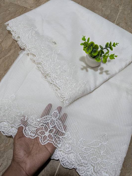 White Organza Scallop Dupatta with Self Lining & White Viscose Embroidery – Dyeable