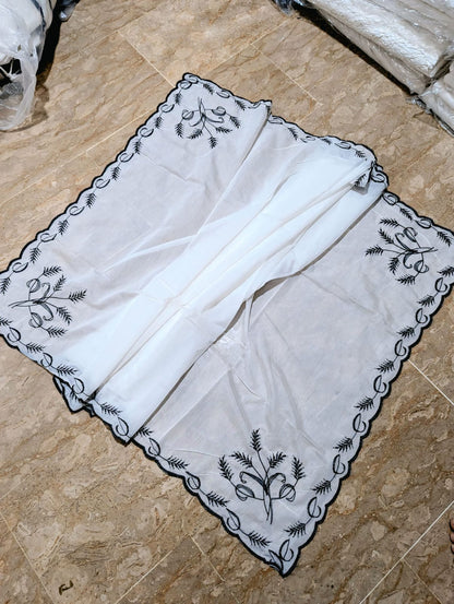 White Voile Lawn 4-Sided Scallop Dupatta with Black Embroidery – Dyeable