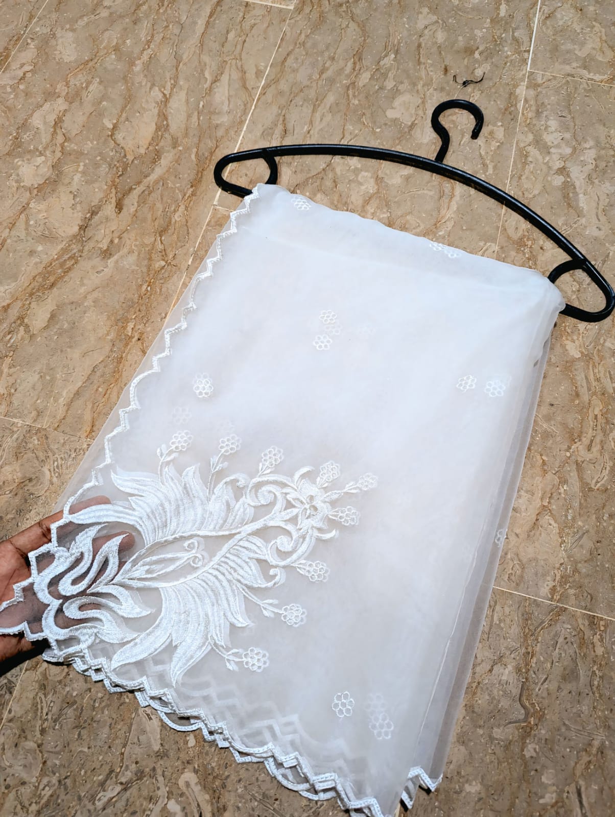 White Organza 4-Sided Scallop Dupatta with Dyeable White Viscose Embroidery