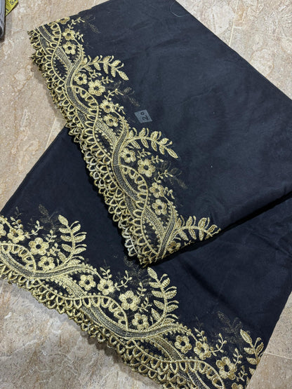 Black Voile Lawn Scallop Dupatta with Golden Embroidery