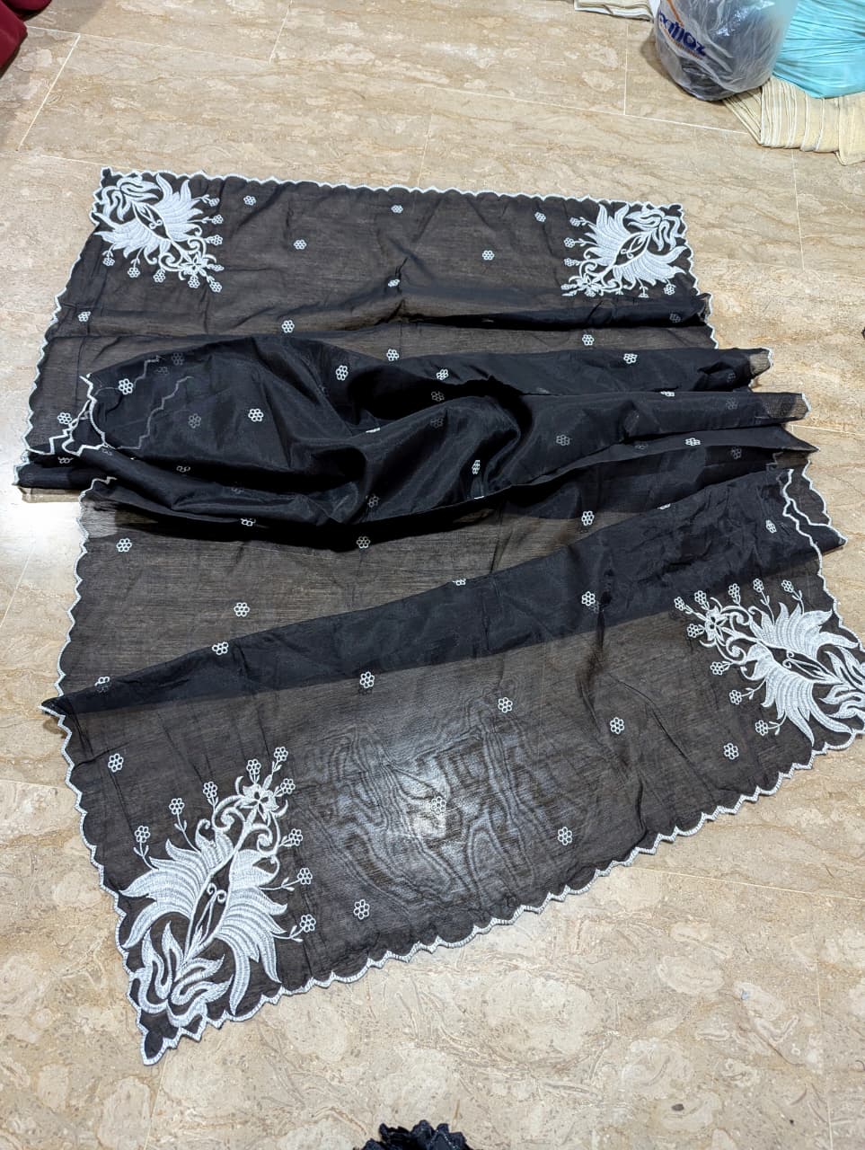 Black Voile Lawn 4-Sided Scallop Dupatta with White Embroidery