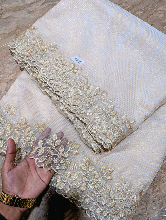 Dyeable White Organza Scallop Dupatta with Golden Zari Embroidery – Self-Lining