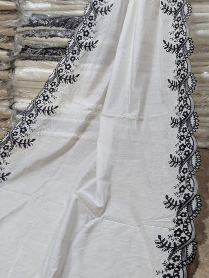 Voile Lawn Scalloped Dupatta with Black Embroidery – Badar and Sons #208