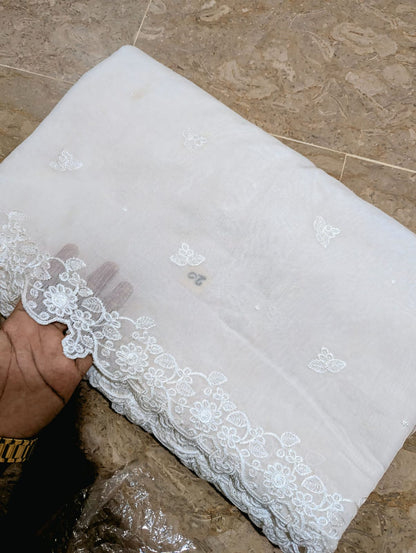 White Voile Lawn Scallop Dupatta with White Viscose Embroidery – Dyeable