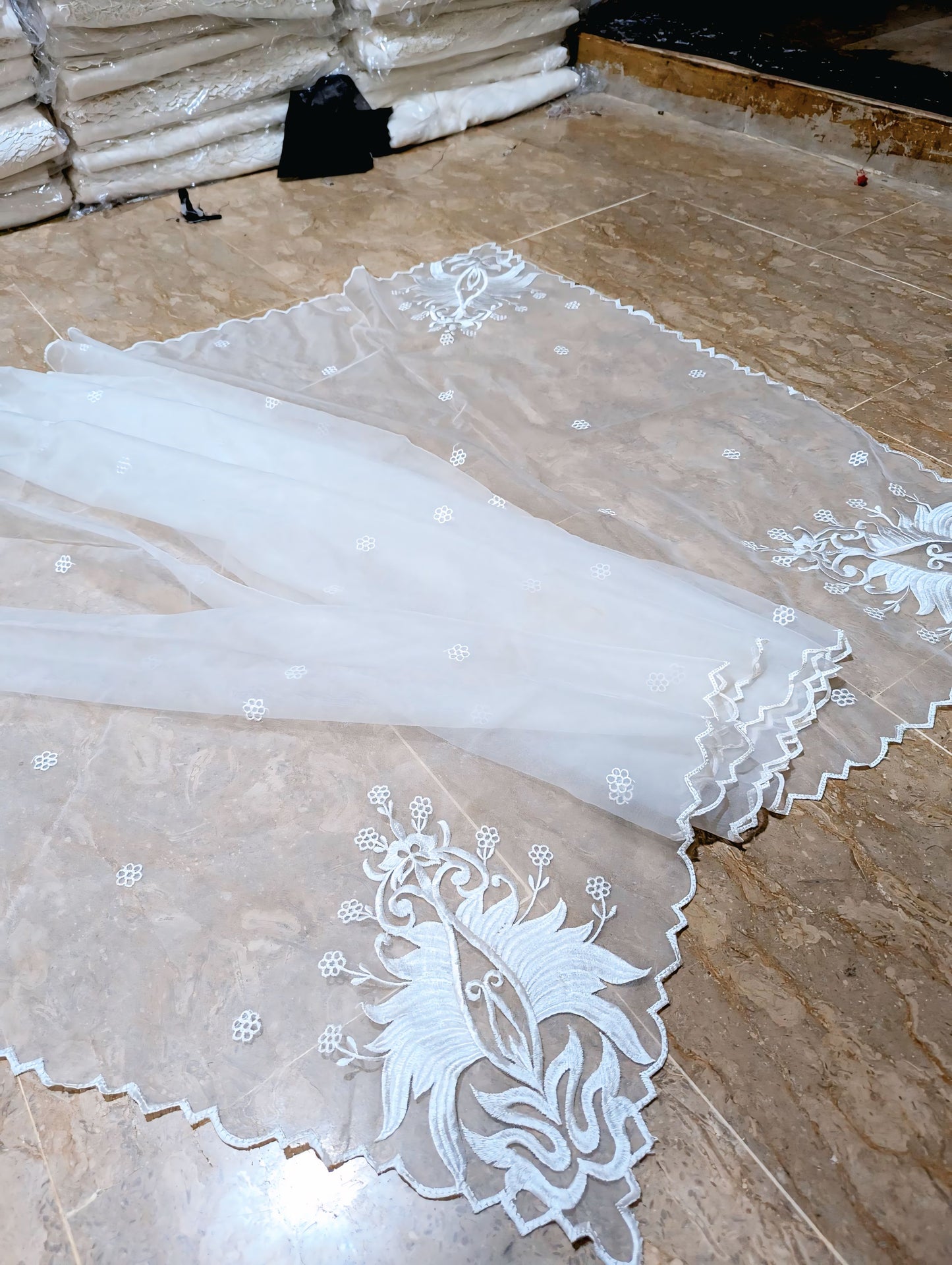 White Organza 4-Sided Scallop Dupatta with Dyeable White Viscose Embroidery