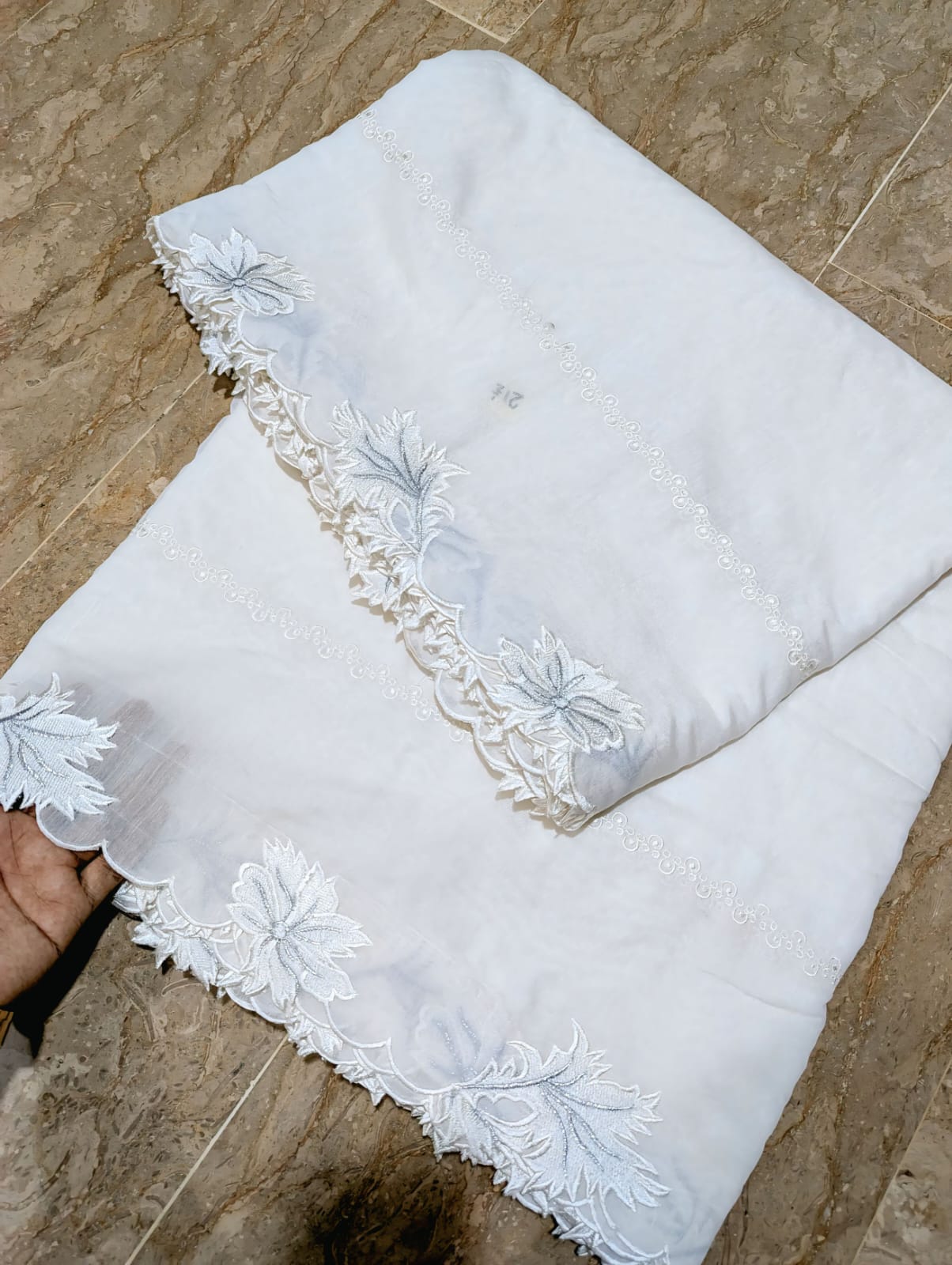 White Voile Lawn Scallop Dupatta with White & Silver Two-Tone Embroidery – Dyeable