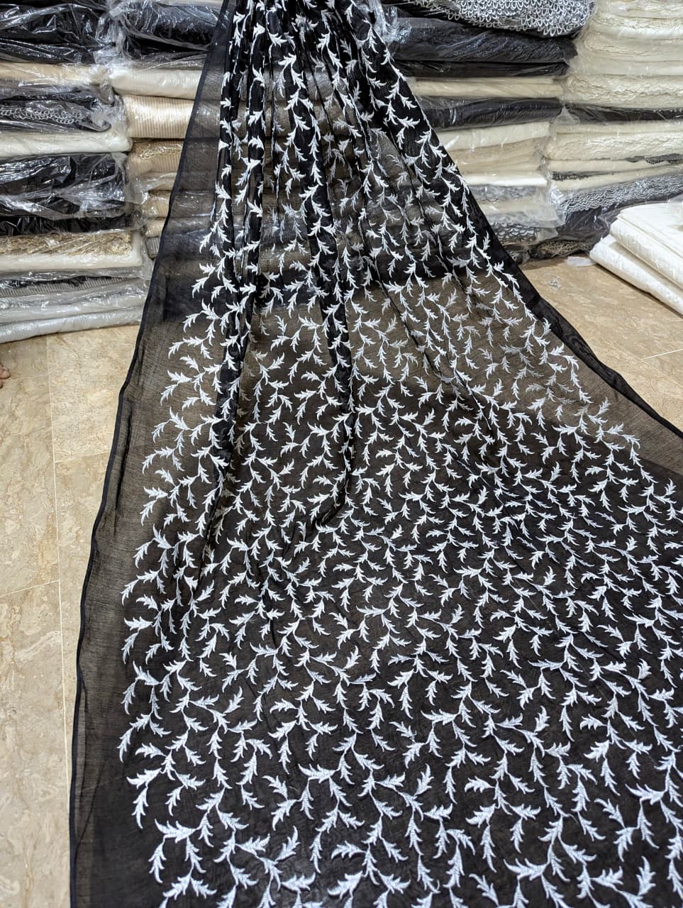 Black Voile Lawn Shirt with White Embroidery – Unstitched 3 Yards | Badar & Sons