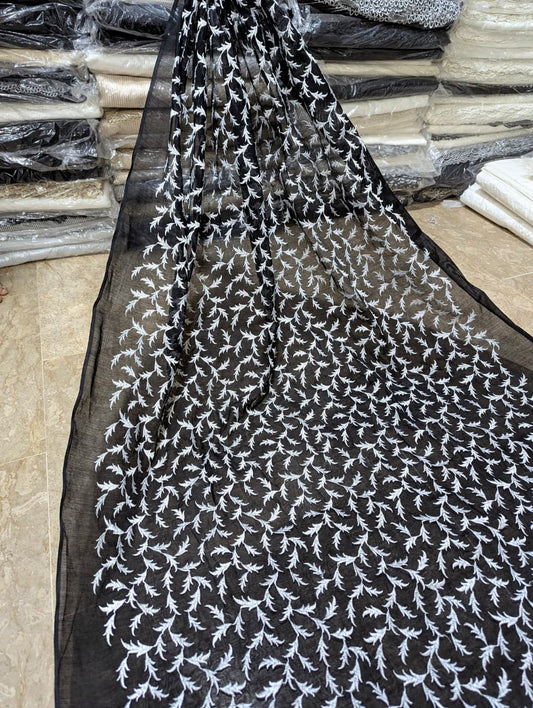 Black Voile Lawn Shirt with White Embroidery – Unstitched 3 Yards | Badar & Sons