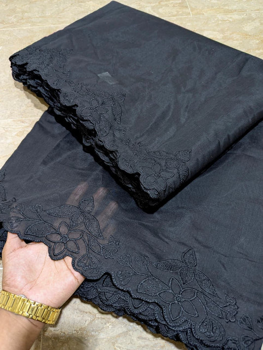 New Black Voile Lawn Scallop Embroidered Dupatta with Black Embroidery