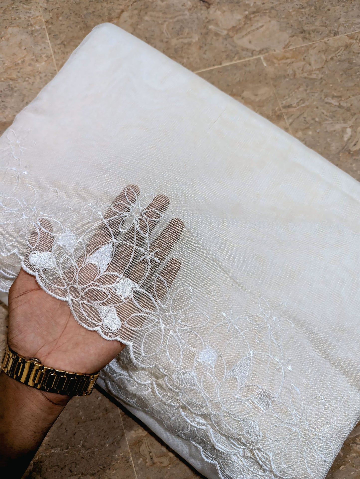 White Khadi Net Scallop Dupatta – Dyable, Viscose Embroidery