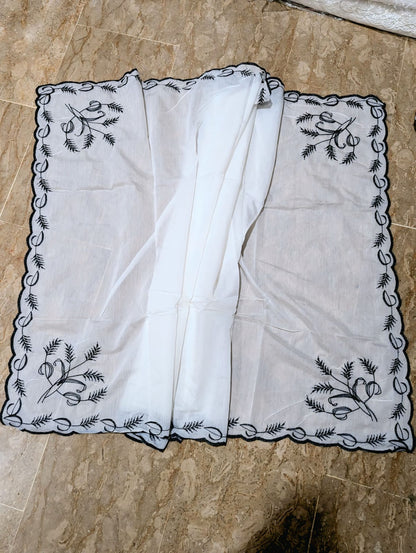 White Voile Lawn 4-Sided Scallop Dupatta with Black Embroidery – Dyeable