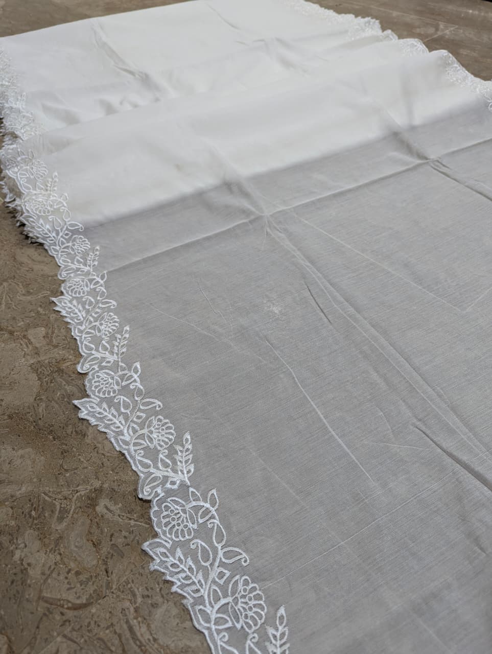 Dyeable White Voile Lawn Scallop Dupatta with White Viscose Embroidery – (D-236)