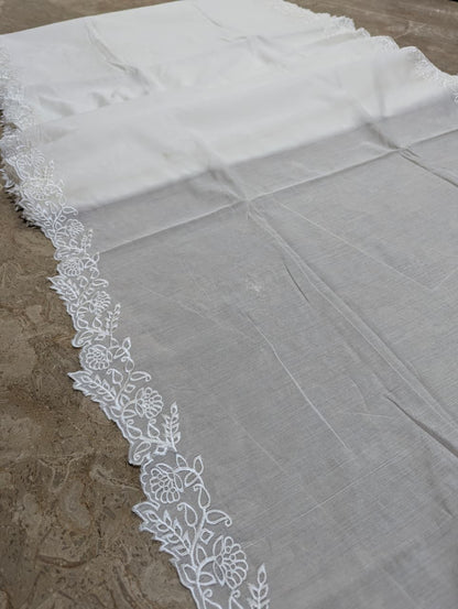 Dyeable White Voile Lawn Scallop Dupatta with White Viscose Embroidery – (D-236)