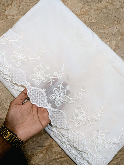 White Voile Lawn Scallop Dupatta with White Viscose Embroidery – Dyeable