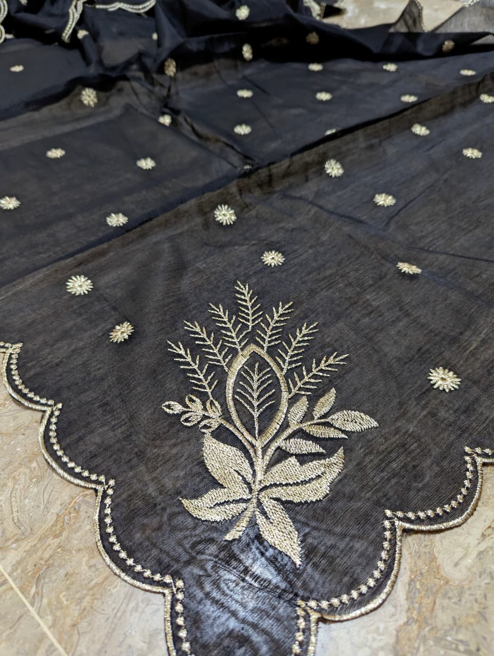 Black Voile Lawn 4-Sided Scallop Dupatta with Golden Zari Embroidery